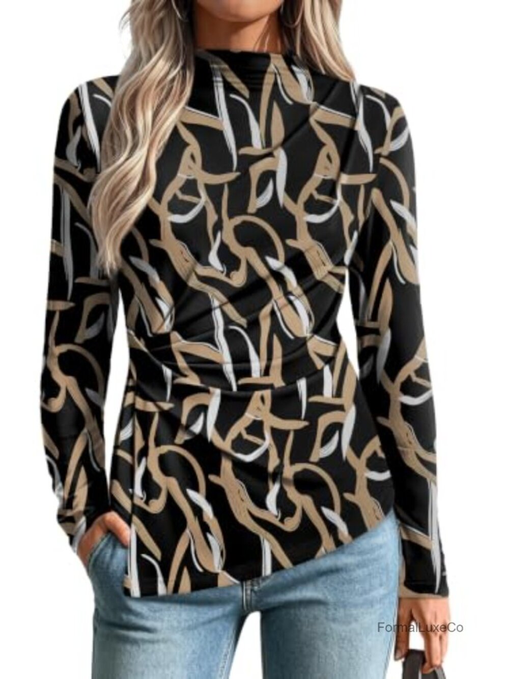 OFEEFAN Women's Mock Neck Peplum Top Long Sleeve Blouse